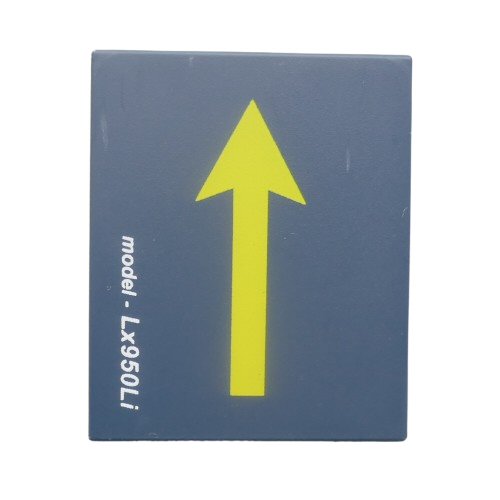 Grey Eartec LX950Li battery with Yellow arrow to denote insertion into charger on a white background